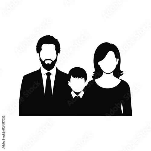 A simple black and white silhouette of a family comprising three members, family silhouette vector illustration
