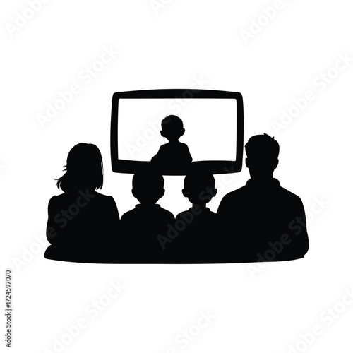 Silhouette of family watching a boy on television screen together at home, family watching tv silhouette vector illustration