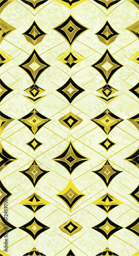 Geometric pattern with diamond shapes in yellow and black repeating.