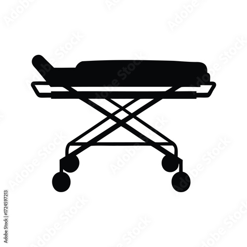 Black silhouette of a hospital gurney with padding and wheels on white, hospital stretcher silhouette vector illustration