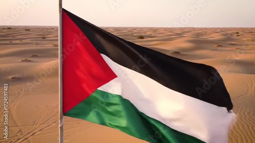 Palestinian Flag Waving in the Desert Dunes.