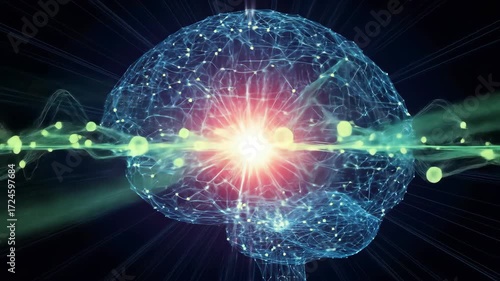 Abstract blue brain illustration with connection nodes and light, representing technology, science, and medicine concept.