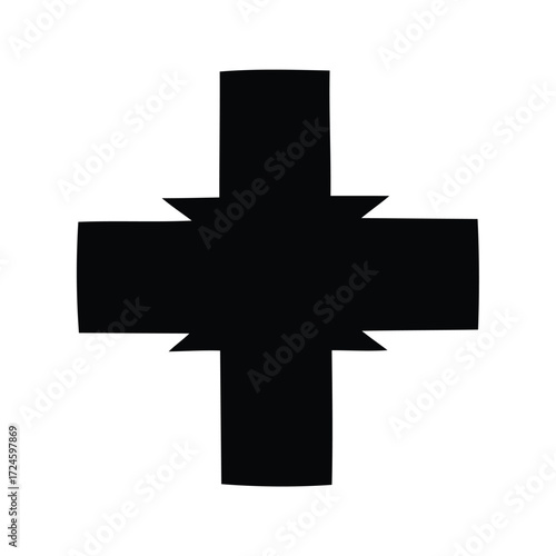 Stylized Iron Cross Symbol with Curved Edges and Angular Notches Design, medical cross symbol silhouette vector illustration