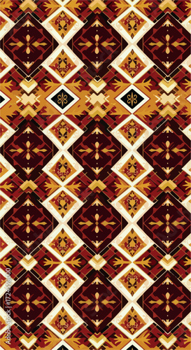 Geometric pattern with repeating diamond shapes in warm colors.
