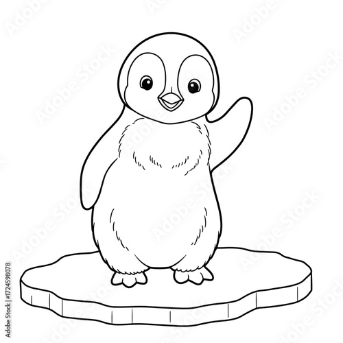 A fluffy cartoon baby penguin stands on a floating ice floe, waving with one flipper. Its rounded body, cheerful face, and simple icy setting make it perfect for kid-friendly designs.