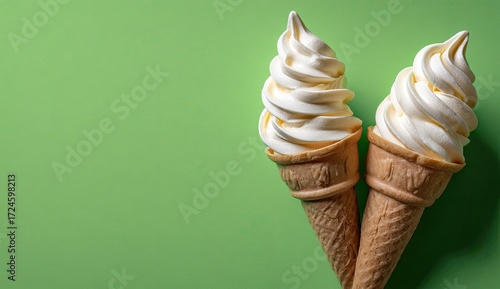Two scoops of soft serve ice cream in waffle cones against a lime green backdrop
