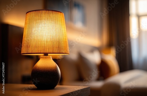 Warm-lit table lamp in a hotel room