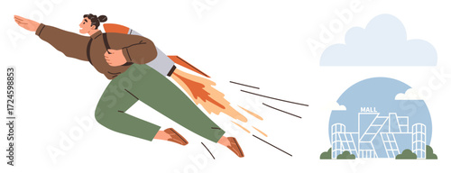 Person in casual attire using a rocket-powered jetpack soaring toward a mall building. Ideal for innovation, ambition, progress, urbanization, future technology, entrepreneurship, and goal