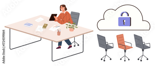 Woman with tablet at desk surrounded by office supplies, cloud with lock symbol above, empty chairs nearby. Ideal for themes of data protection, remote work, cybersecurity, privacy, workplace