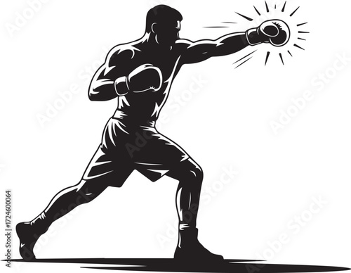 Black silhouette of a boxer throwing a punch with radiating lines boxing black and white