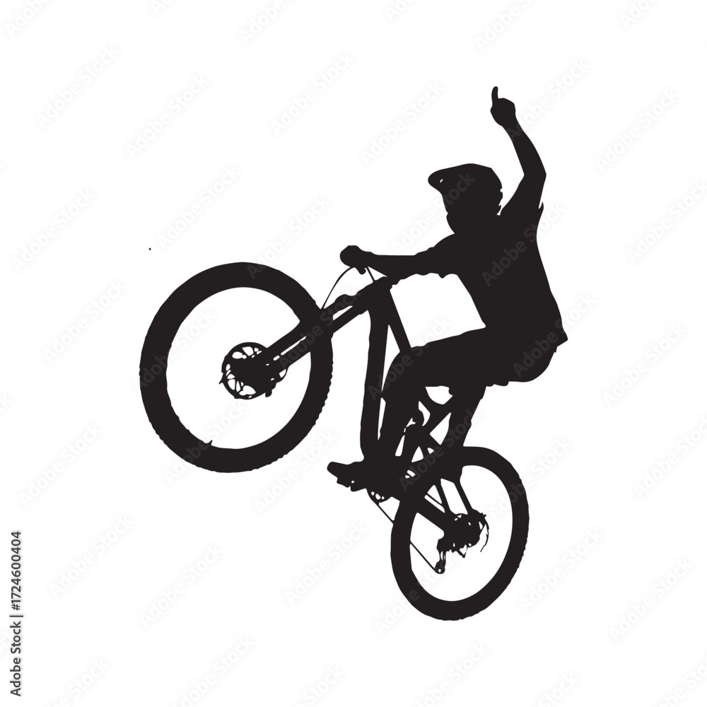Fototapeta premium Black and white silhouette of a mountain biker riding a bike with one hand in the air, giving a thumbs-up. 