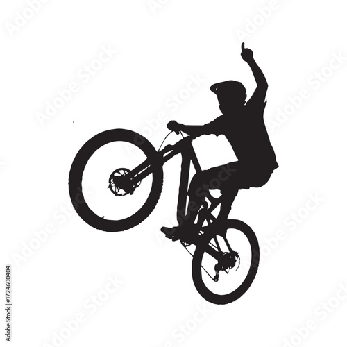 Black and white silhouette of a mountain biker riding a bike with one hand in the air, giving a thumbs-up. 