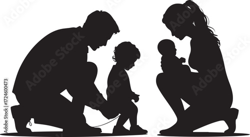 Black silhouette of a family with two children a baby and toddler white parents