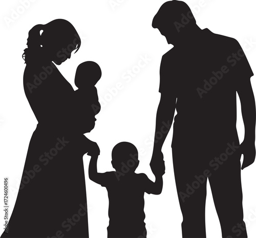 Black silhouette of a family with two children and a baby white parents