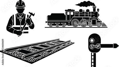 Vintage train illustration with railway worker and tracks in black