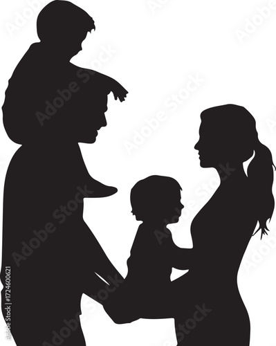 Black silhouette of a family with two children on a white background parents father
