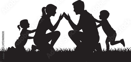 Black silhouette of a family with two children playing in grass vector 1