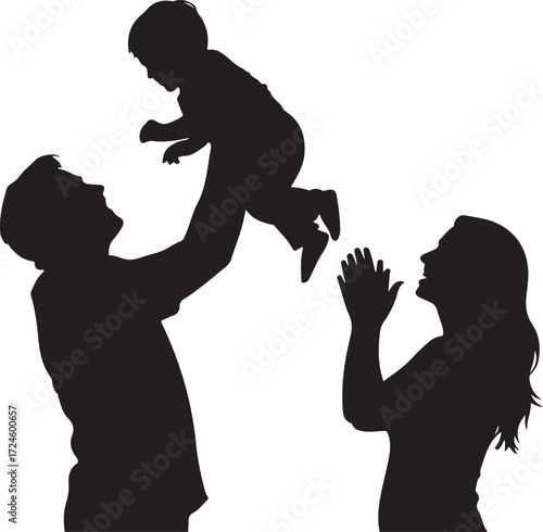 Black silhouette of a father throwing a child in the air with a mother clapping family