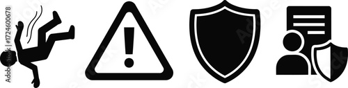 Safety icons depicting slip hazard warning security shield and insurance policy for risk management and prevention on a white background