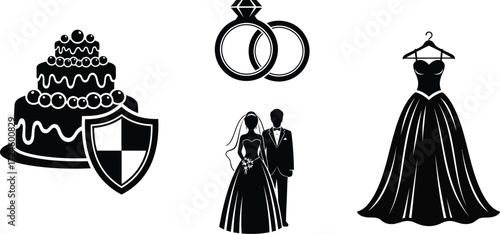 Wedding icons showcase cake protection rings couple and dress in a vector illustration perfect for event planning and design projects