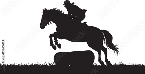 Black silhouette of a horse and rider jumping over a log obstacle on grass vector