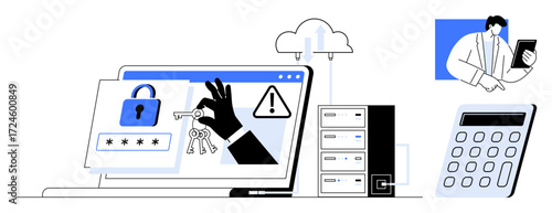 Hackers hand taking keys from a secure laptop, error alerts, cloud storage, calculator, professional overseeing. Ideal for cybersecurity, data protection, IT risk, hacking cloud safety