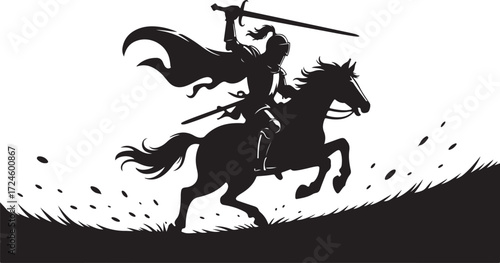 Black silhouette of a knight in armor on horseback with sword raised and cape flowing against a white background with stylized grass and dirt clods