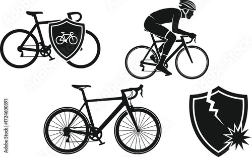 Bicycle safety and security icons showing cycling cyclist and broken shield for insurance and protection on white background for graphic design use