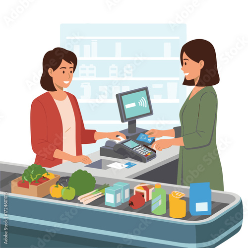 A smiling customer pays for groceries at a supermarket checkout counter using a contactless credit card, with a cashier assisting.