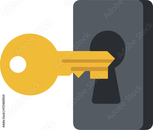 Golden key inserted into a dark keyhole representing access and security.