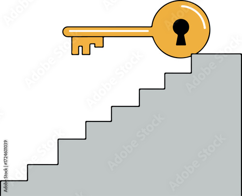 Golden key resting on top of a set of gray concrete stairs.