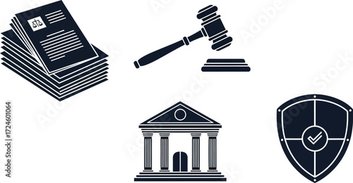 Legal documents gavel courthouse and shield icons representing justice law and security in a clean and modern vector design style