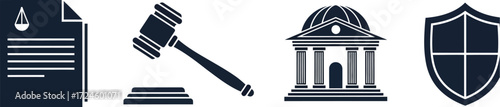 Legal and justice icons representing law court and protection with document gavel courthouse and shield on a clean white background for legal themes