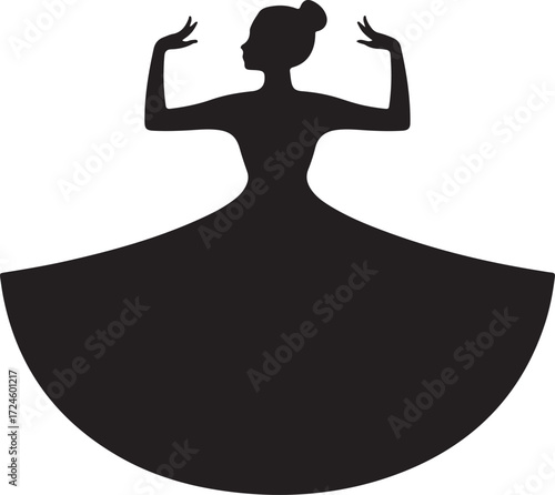 Black silhouette of a woman in a flowing dress with arms raised female dancer