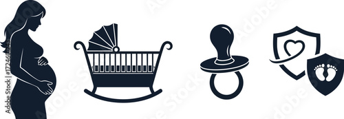 Expecting mother with baby crib pacifier and baby protection icons representing pregnancy childbirth and infant care in a vector format