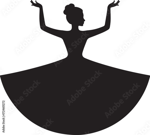 Black silhouette of a woman in a flowing dress with arms raised female