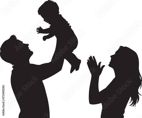 Father tossing baby in air with mother clapping hands silhouette family child