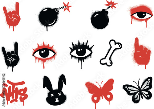 Graffiti art collection of various symbols and icons in red and black colors.