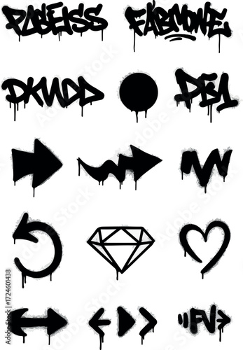 Graffiti art collection of various shapes and words in black spray paint.