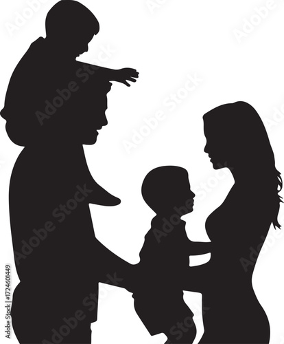 Silhouette of a family with two children one on father's shoulders mother