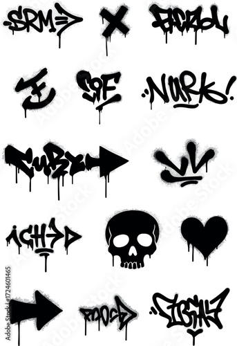 Graffiti art collection of various spray painted designs and symbols.