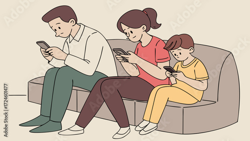 Family Sitting Together But Ignoring Each Other on Phones Vector, Showing Mobile Overuse