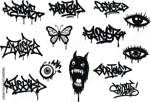 Graffiti art collection with various designs and elements in black and white.