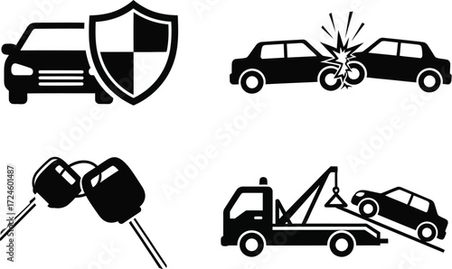 Car insurance and accident assistance icons depicting vehicle protection collision key ownership and towing services in a vector graphic style