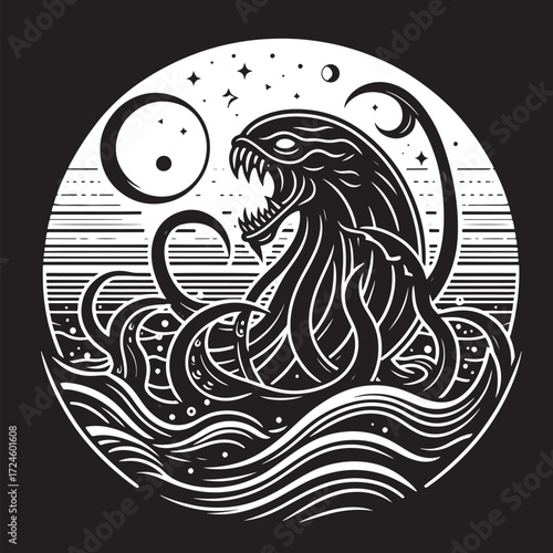 Octopus in the sea. Hand drawn vector illustration isolated on black background