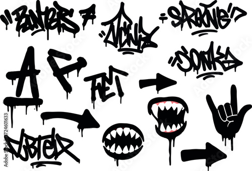 Graffiti art tags and symbols urban street style design elements.
