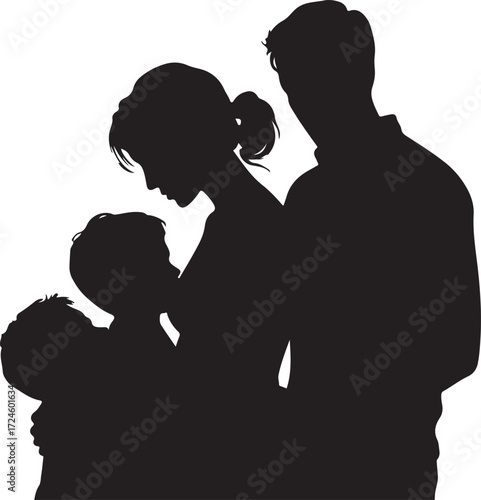 Silhouette of a mother breastfeeding a baby with a father standing behind them family