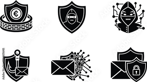 Cyber security icons depicting cyber insurance hacker shield phishing protection and secure email illustrating digital safety and data protection