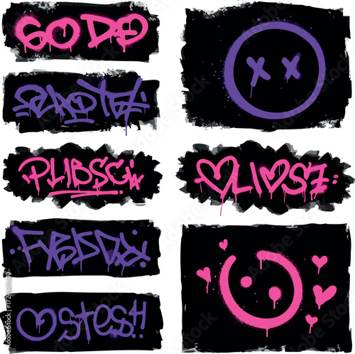 Graffiti art with various words and symbols on black background.