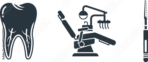 Dental care icons showing tooth protection anatomy chair and tool representing oral hygiene and professional dentistry services available to patients